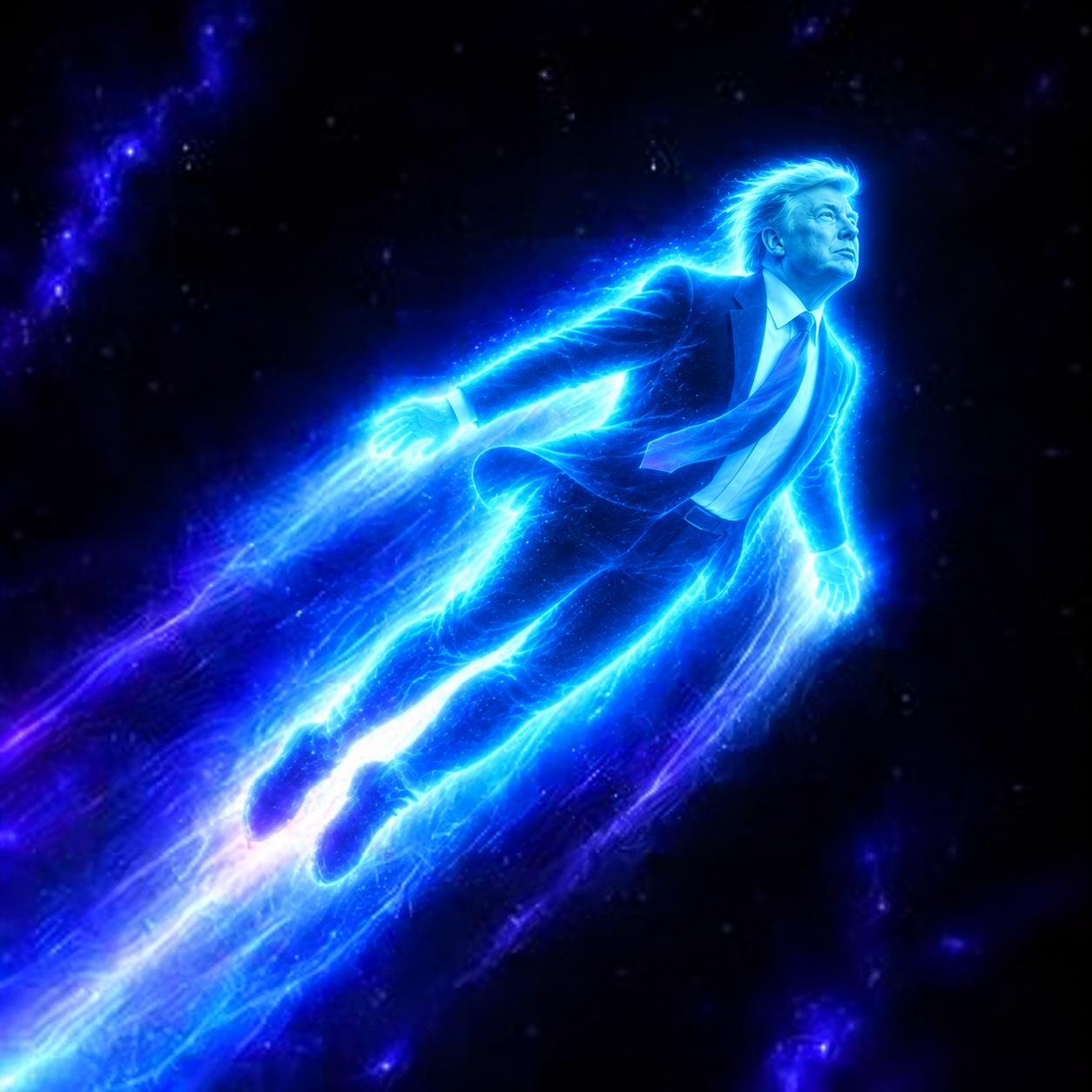 Donald Trump rendered as a luminous blue figure accelerating through deep space
